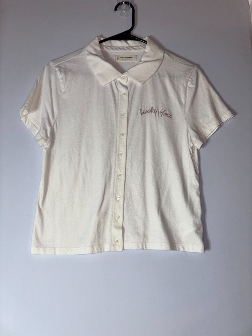 Lucky Brand "Lucky You" Embroidered White Short Sleeve Button Up Cropped Shirt